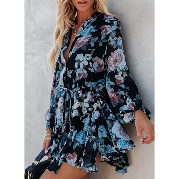 Souls & Sirens Dresses & Skirts - Multicolor Floral Printed Belted Ruffle Long Sleeve‎ Button Up A-Line Mini Dress